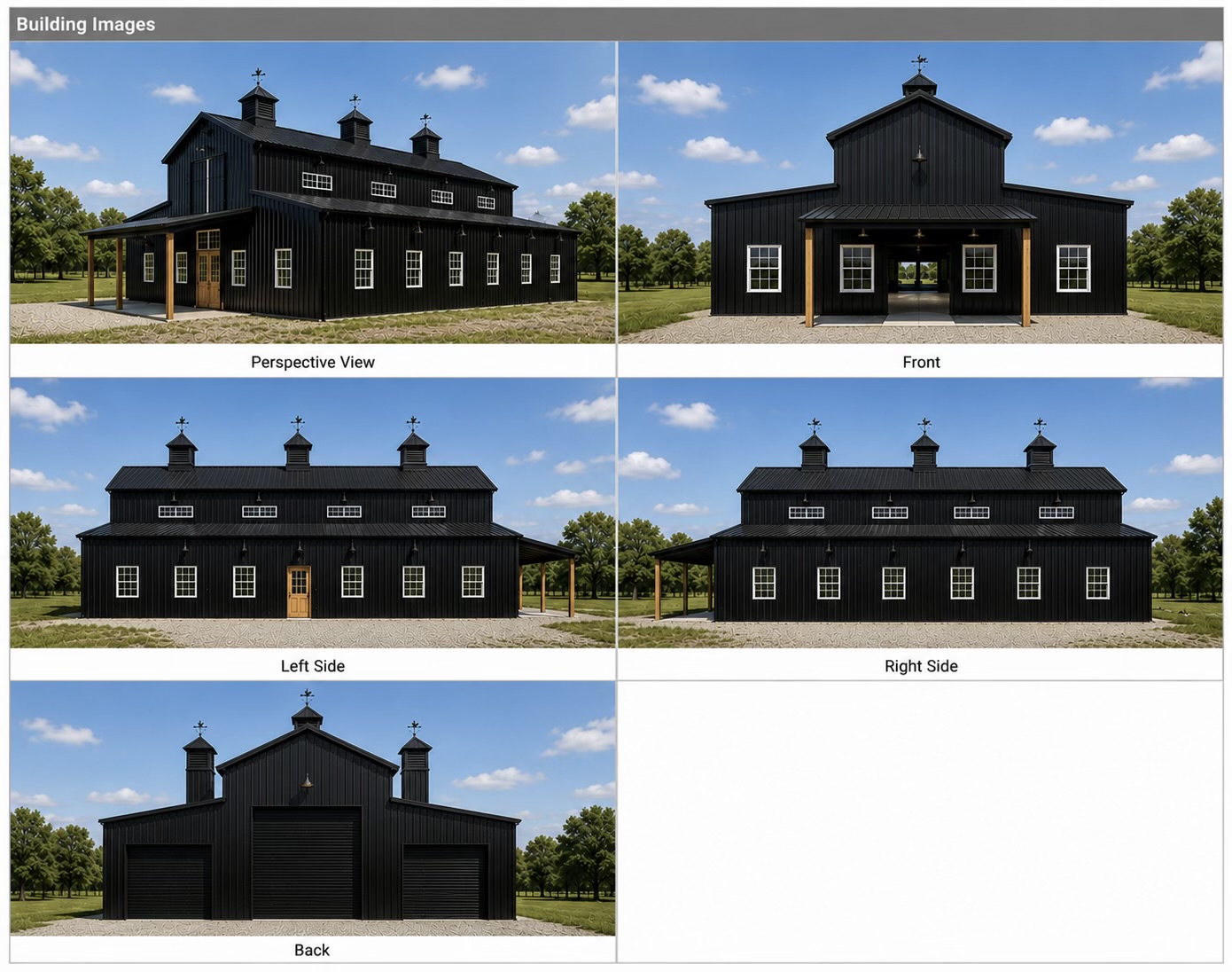 Architectural renderings of the black steel monitor barn: perspective, front, left, right, and back elevations