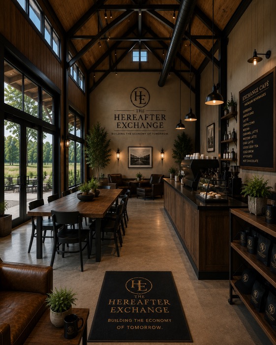 Exchange Café interior with espresso bar and farmhouse tables