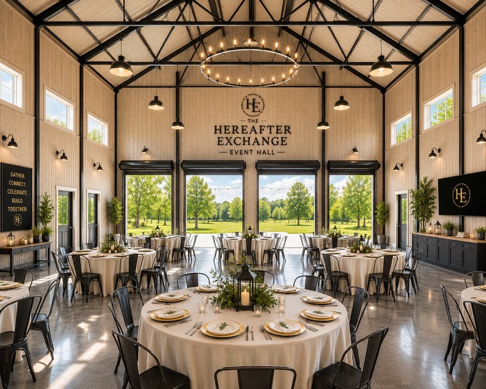 Exchange Event Hall set for a wedding with round tables and chandelier