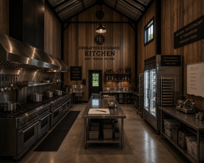 Licensed commercial kitchen with professional ranges and prep stations