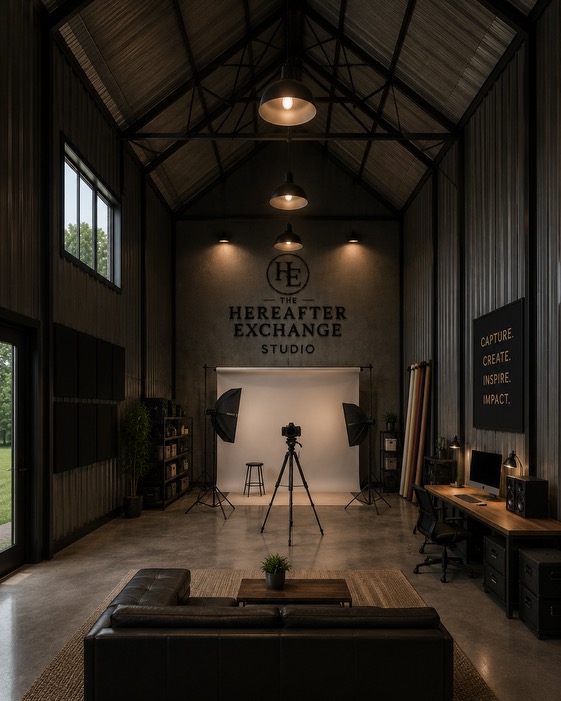 Exchange Studio with photography backdrop, lighting, and workstation